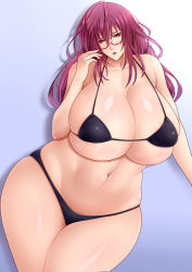 Rule 34 | 1girl, bikini, blush, breasts, cleavage, curvy, gigantic breasts, glasses, huge breasts, long hair, looking at viewer, micro bikini, navel, parted lips, pink eyes, pink hair, plump, saogokushi, solo, swimsuit, tagme, thick thighs, thighs, wide hips