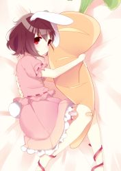 Rule 34 | 1girl, animal ears, bad id, bad pixiv id, bandaid, bandaid on knee, bandaid on leg, blush, carrot, dress, from side, highres, inaba tewi, lying, mafuyu (chibi21), hugging object, on bed, on side, pillow, pillow hug, pink dress, rabbit ears, rabbit girl, rabbit tail, red eyes, ribbon, solo, tail, touhou