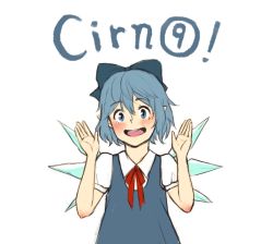 Rule 34 | 1girl, :d, blouse, blue dress, blue eyes, blue hair, blush, bow, character name, circled 9, cirno, dress, english text, fairy, grin, hair bow, matching hair/eyes, open mouth, paigeling, pointy ears, puffy short sleeves, puffy sleeves, shirt, short hair, short sleeves, smile, solo, text focus, touhou, white background, wings