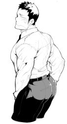 Rule 34 | 1boy, :s, ass, bara, blush, collared shirt, cropped legs, embarrassed, from side, greyscale, large pectorals, long sideburns, male focus, monochrome, muscular, muscular male, naop (anything), original, pants, pectorals, shirt, short hair, sideburns, solo, sweatdrop, thick thighs, thighs, tight clothes, tight pants