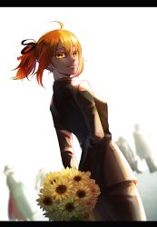 Rule 34 | 1girl, ahoge, arms behind back, bad id, bad pixiv id, black jacket, black pants, black ribbon, bouquet, closed mouth, dutch angle, fate/grand order, fate (series), floating hair, flower, formal, fujimaru ritsuka (female), fujimaru ritsuka (female) (royal brand), hair ribbon, highres, holding, holding bouquet, jacket, letterboxed, long sleeves, looking at viewer, medium hair, orange hair, pant suit, pants, ponytail, redrabbit44, ribbon, smile, solo focus, suit, sunflower, yellow eyes, yellow flower