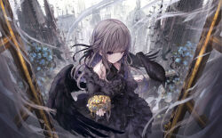 Rule 34 | 1girl, animal, architecture, bird, black dress, black wings, braid, breasts, crow, dress, flower, frills, goth fashion, gothic architecture, gothic lolita, grey hair, highres, holding, holding jewelry, jewelry, lolita fashion, long hair, long skirt, looking at viewer, medium breasts, missile228, original, outdoors, skirt, skyline, window, wings