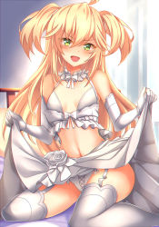 Rule 34 | 1girl, :d, admiral hipper (azur lane), ahoge, azur lane, bare shoulders, blonde hair, blush, breasts, bride, clothes lift, curtains, day, elbow gloves, garter straps, gatchapowa, gloves, green eyes, hair between eyes, indoors, lifting own clothes, long hair, looking at viewer, mole, mole under eye, on bed, open mouth, panties, sidelocks, sitting, skirt, skirt lift, small breasts, smile, thighhighs, two side up, underwear, wariza, white gloves, white panties, white skirt, white thighhighs