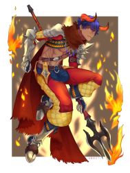 Rule 34 | 1boy, abs, belt, blue hair, cape, dark skin, dark-skinned male, fire, food fantasy, full body, gauntlets, grey background, grey footwear, highres, holding, holding weapon, horns, jewelry, jumping, looking at viewer, male focus, navel, necklace, pants, parted lips, polearm, red cape, red eyes, red pants, sevenlions, simple background, solo, steak (food fantasy), trident, weapon, white background