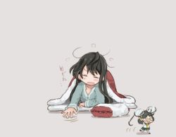 Rule 34 | 2girls, black hair, closed eyes, commentary request, fairy (kancolle), futon, grey background, kantai collection, long hair, looking for glasses, messy hair, mini person, minigirl, multiple girls, no eyewear, ooyodo (kancolle), pajamas, pillow, saiguchi otoufu, simple background, translation request, under covers