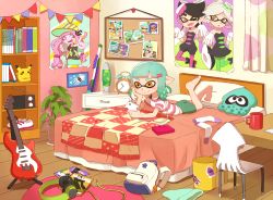 Rule 34 | + +, 1girl, \n/, ankle boots, bad id, bad pixiv id, bag, barefoot, bed, bed sheet, bedroom, black dress, black footwear, black hair, black jumpsuit, blooper (mario), blue skirt, blunt bangs, bookbag, boots, brown eyes, callie (splatoon), casual, cellphone, chair, closed mouth, company connection, creatures (company), dress, earrings, electric guitar, fangs, food, food on head, game freak, gen 1 pokemon, gloves, green hair, green socks, grey hair, guitar, hair ornament, hairclip, harmony&#039;s clownfish (splatoon), harmony (splatoon), head rest, headphones, holding, holding phone, indoors, inkling, inkling (language), inkling girl, inkling player character, instrument, jewelry, jumpsuit, long hair, lying, marie (splatoon), mario (series), mask, medium skirt, nintendo, object on head, on stomach, one eye closed, open mouth, orange eyes, pantyhose, parted lips, phone, pikachu, pillow, pink hair, pink shirt, plant, pointy ears, pokemon, pokemon (creature), poster (object), purple socks, riko (sorube), shirt, shoes, short hair, short jumpsuit, skirt, smartphone, smile, socks, solo, squid, squid post, squiffer (splatoon), standing, strapless, striped clothes, striped shirt, stuffed animal, stuffed toy, tentacle hair, unworn shoes, white gloves
