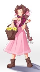 Rule 34 | 1girl, absurdres, aerith gainsborough, artist name, basket, black footwear, boots, bracelet, braid, braided ponytail, brown hair, closed eyes, closed mouth, commentary, cropped jacket, dress, english commentary, facing viewer, final fantasy, final fantasy vii, flower, hair ribbon, hand on own chest, highres, jacket, jewelry, long dress, long hair, necklace, nin10ja, parted bangs, pink dress, pink ribbon, red jacket, ribbon, shadow, short sleeves, sidelocks, signature, simple background, single braid, smile, solo, sparkle, square enix, standing, white background, yellow flower
