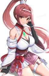 Rule 34 | 1girl, absurdres, bare shoulders, black gloves, breasts, chest jewel, cleavage, collarbone, detached sleeves, elbow gloves, fingerless gloves, glimmer (xenoblade), gloves, gonzarez, hairband, highres, large breasts, long hair, looking at viewer, orange eyes, ponytail, red hair, simple background, solo, thighs, white background, white hairband, white sleeves, xenoblade chronicles (series), xenoblade chronicles 3, xenoblade chronicles 3: future redeemed