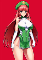 Rule 34 | 1girl, adapted costume, blue eyes, braid, breasts, dress, elbow gloves, female focus, gloves, hat, hip focus, hong meiling, ishimiso (ishimura), large breasts, long hair, microdress, pelvic curtain, red background, red hair, simple background, solo, star (symbol), touhou, twin braids