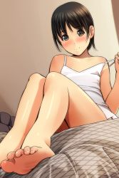 Rule 34 | 1girl, absurdres, bare arms, bare legs, bare shoulders, barefoot, blush, brown eyes, brown hair, camisole, closed mouth, collarbone, feet, fingernails, highres, legs, looking at viewer, matsunaga kouyou, nose blush, original, pulling own clothes, short hair, sitting, smile, soles, solo, strap pull, toenails, underwear, underwear only, white camisole