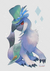 Rule 34 | absol, bow, bright pupils, claws, closed mouth, clothed pokemon, commentary request, creatures (company), fang, fang out, game freak, gen 3 pokemon, green hat, hat, hat bow, highres, kikuyoshi (tracco), nintendo, no humans, pokemon, pokemon (creature), red eyes, signature, smile, solo, white fur, white pupils
