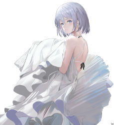 Rule 34 | 1girl, absurdres, back, bare shoulders, blue eyes, choker, commentary request, cowboy shot, dress, earrings, eyebrows hidden by hair, from side, highres, holding, jenmin12, jewelry, layered dress, looking at viewer, looking to the side, original, parted lips, short hair, signature, silver hair, simple background, skirt hold, sleeveless, sleeveless dress, smile, solo, white background, white choker