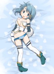 Rule 34 | 1girl, :p, animal print, ankle boots, aqua footwear, armpit crease, arms at sides, bare shoulders, bed, bed sheet, belt, blue eyes, blue hair, blue panties, blue theme, boots, breasts, clothes pull, collarbone, commentary request, detached sleeves, dot nose, fortissimo, frilled panties, frills, from above, full body, gloves, groin, hair ornament, hairclip, head tilt, highres, hip bones, light blush, looking at viewer, looking up, lying, mahou shoujo madoka magica, mahou shoujo madoka magica (anime), messy hair, miki sayaka, musical note, musical note hair ornament, on back, on bed, open clothes, panties, panty pull, rabbit print, shadow, shiny skin, short hair, small breasts, smile, solo, soul gem, stomach, strapless, thighhighs, thighs, tongue, tongue out, underboob, underwear, undressing, white gloves, white thighhighs, zangetsumaru