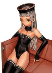 Rule 34 | 1girl, bare shoulders, black collar, black gloves, black headwear, black leotard, black thighhighs, blunt bangs, breasts, closed mouth, collar, commentary, couch, cross hair ornament, elbow gloves, feet out of frame, fingerless gloves, gloves, grey hair, hair ornament, headwear request, hime cut, leotard, long hair, looking at viewer, murata range, on couch, original, shiny clothes, sidelocks, simple background, sitting, small breasts, solo, straight hair, strapless, strapless leotard, thighhighs, white background, yellow eyes, zipper