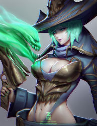 Rule 34 | 1girl, aqua eyes, aqua hair, breasts, cleavage, female focus, ghost, grey background, gun, handgun, hat, large breasts, nail polish, navel, pistol, simple background, smile, solo, weapon, witch hat, zeronis