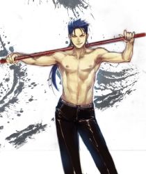 Rule 34 | 1boy, abs, blue hair, cu chulainn (fate), fate/stay night, fate (series), gae bolg (fate), cu chulainn (fate/stay night), leather, leather pants, long hair, male focus, muscular, pants, polearm, ponytail, red eyes, topless male, solo, spear, weapon, yuri (k a other)