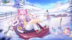 Rule 34 | blush, carrot, child, closed mouth, date a live, date a live: spirit pledge, dog, hat, highres, long hair, pine tree, purple hair, red eyes, scarf, shovel, smile, snow, snowman, sonogami rio, top hat, tree, winter clothes