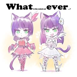 Rule 34 | 2girls, animal ears, black hair, bob cut, boots, cat ears, cat girl, cat tail, claw (weapon), commentary request, crossed arms, doyagao, dress, english text, feather hair ornament, feathers, flower, garter straps, green eyes, feather hair ornament, hair flower, hair ornament, hime cut, iesupa, melanie malachite, miltiades malachite, multiple girls, purple hair, red dress, rwby, siblings, sisters, smug, tail, twins, weapon, white dress