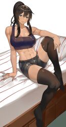 Rule 34 | 1girl, abs, black hair, black thighhighs, blue eyes, breasts, closed mouth, commentary, commission, crop top, english commentary, full body, highres, large breasts, looking at viewer, navel, on bed, original, ponytail, shorts, simple background, sitting, smile, tank top, thighhighs, tomatolover16, white background