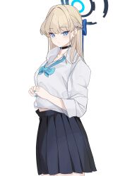 Rule 34 | 1girl, absurdres, black choker, black skirt, blonde hair, blue archive, blue bow, blue bowtie, blue eyes, blue hair, blue halo, blue nails, blunt bangs, blush, bow, bowtie, choker, closed mouth, clothes lift, collared shirt, commentary, cowboy shot, expressionless, from side, hair bow, halo, highres, lifted by self, long hair, long sleeves, looking at viewer, loose bowtie, mechanical halo, multicolored hair, nail polish, open collar, own hands together, pleated skirt, raised eyebrows, school uniform, shirt, shirt lift, sidelocks, simple background, skirt, sleeve cuffs, solo, straight hair, streaked hair, tnr (horiko1525), toki (blue archive), white background, white shirt