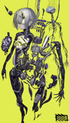 Rule 34 | 1girl, absurdres, afukuro, android, assembling, cable, caution tape, chromatic aberration, closed eyes, commentary, engine, english commentary, exhaust pipe, gears, grey hair, highres, horns, humanoid robot, joints, mechanical parts, original, piston, robot, robot joints, screw, solo, spine, tube, yellow background