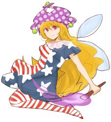 Rule 34 | 1girl, american flag dress, american flag legwear, bad id, bad pixiv id, blonde hair, clownpiece, collar, dress, fairy wings, fire, frilled collar, frilled shirt collar, frills, hat, jester cap, long hair, looking at viewer, pantyhose, pink hair, polka dot, shirt, short sleeves, simple background, sitting, sketch, solo, star (symbol), striped clothes, striped dress, tama (hiroshige 36), torch, touhou, very long hair, wariza, white background, wings