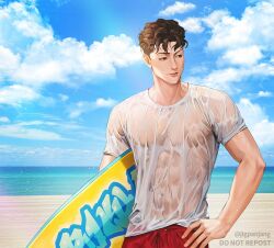 Rule 34 | 1boy, beach, brown eyes, brown hair, cloud, hand on own hip, highres, jigpanjang, looking to the side, male focus, miyagi ryouta, ocean, pompadour, see-through, see-through shirt, shirt, shorts, sky, slam dunk (series), smile, solo, surfboard, twitter username, wet, wet clothes, wet shirt