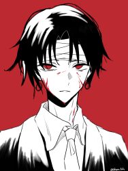 Rule 34 | 1boy, absurdres, bandaged head, bandages, black hair, blood, blood on face, chrollo lucilfer, collared shirt, commentary, earrings, highres, hunter x hunter, jewelry, limited palette, looking at viewer, male focus, necktie, parted lips, red background, red eyes, shirt, short hair, simple background, solo, tsukuno tsuki, twitter username, upper body