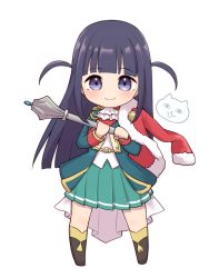 Rule 34 | 1girl, aqua jacket, ascot, belt, belt buckle, black hair, blunt bangs, blunt ends, blush, buckle, cat, chibi, closed mouth, commentary request, epaulettes, full body, fur-trimmed jacket, fur trim, green skirt, hands up, highres, holding, holding weapon, jacket, jacket on shoulders, kinakonato, long hair, long sleeves, looking at viewer, mace, open clothes, open jacket, pleated skirt, purple eyes, red jacket, red sash, sash, shirt, shoujo kageki revue starlight, shoulder sash, sidelocks, simple background, single stripe, skirt, smile, solo, standing, striped clothes, striped skirt, tassel, tsuyuzaki mahiru, two-handed, two side up, waist cape, weapon, white ascot, white background, white shirt, yellow belt