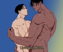 Rule 34 | 2boys, bad id, bad twitter id, balnom, bara, couple, cowboy shot, dark-skinned male, dark skin, english text, eye contact, foreplay, from side, interracial, looking at another, male focus, multiple boys, muscular, muscular male, original, profile, short hair, subtitled, thick eyebrows, yaoi
