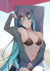 Rule 34 | 1girl, ;(, absurdres, bikini, black bikini, blue eyes, blue hair, blue nails, blurry, blurry background, breasts, cleavage, collarbone, frown, grey jacket, halterneck, hatsune miku, highres, jacket, long hair, long sleeves, looking at viewer, medium breasts, nail polish, navel, nemuke2828, number tattoo, open clothes, open jacket, parasol, round eyewear, sideboob, solo, sunglasses, swimsuit, tattoo, twintails, umbrella, very long hair, vocaloid, white background