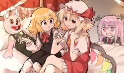 Rule 34 | 3girls, :o, angry, ascot, bat wings, bed, between fingers, black dress, black jacket, blonde hair, blood, blood on face, bow, canopy bed, coin, coin flip, collared shirt, cowboy shot, dot nose, dress, dress shirt, flandre scarlet, frilled skirt, frills, grey background, hair between eyes, hair bow, hat, hat bow, head wings, hiding, highres, holding, holding coin, jacket, koakuma, looking at another, mob cap, multiple girls, necktie, on bed, pillow, pinafore dress, pulling own hair, red ascot, red bow, red eyes, red hair, red necktie, red skirt, red vest, rumia, scared, shinmon akika, shirt, short hair, side ponytail, sidelocks, simple background, sitting, skirt, skirt set, sleeveless, sleeveless dress, socks, stuffed animal, stuffed rabbit, stuffed toy, sweat, touhou, trembling, v-shaped eyebrows, vest, wavy mouth, white shirt, white socks, wing collar, wings, yellow ascot