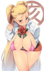 Rule 34 | 1girl, absurdres, arm under breasts, bikini, blonde hair, blush, bow, bowtie, breast hold, breasts, center frills, cleavage, clenched teeth, collarbone, cone hair bun, covered erect nipples, cowboy shot, flower, frilled shirt, frills, hair bun, halterneck, halterneck, highres, inou toshiko, juuni taisen, large breasts, leaning forward, long hair, long sleeves, looking at viewer, minakami (flyingman555), miniskirt, open clothes, open shirt, orange skirt, pink bikini, rose, shirt, skindentation, skirt, solo, sweat, swimsuit, teeth, thigh gap, twintails, very long hair, white background, white shirt, yellow eyes