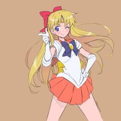 Rule 34 | &gt;;), 10s, 1990s (style), 1girl, 2012, aino minako, bishoujo senshi sailor moon, blonde hair, blue eyes, bow, brown background, choker, cowboy shot, dated, earrings, elbow gloves, gloves, hair bow, half updo, hand on own hip, isedaichi ken, jewelry, long hair, magical girl, no choker, one eye closed, orange skirt, pointing, red bow, retro artstyle, sailor venus, simple background, skirt, smile, solo, standing, tiara, v-shaped eyebrows, white gloves
