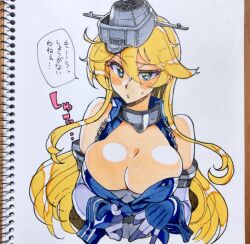 Rule 34 | 1girl, blonde hair, blue eyes, blush, breasts, cleavage, cropped torso, elbow gloves, gloves, hair between eyes, headgear, iowa (kancolle), kantai collection, kusanagi tonbo, large breasts, long hair, looking at viewer, open mouth, photo (medium), solo, star-shaped pupils, star (symbol), symbol-shaped pupils, traditional media