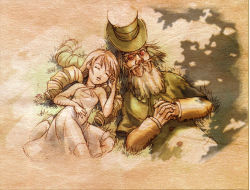 Rule 34 | 1boy, 1girl, age difference, bare shoulders, beard, blonde hair, buttons, capelet, child, cleavage cutout, closed eyes, clothing cutout, coat, cornelia (shadow hearts), criss-cross halter, dress, facial hair, father and daughter, flat chest, from above, gepetto (shadow hearts), glasses, grass, hair spread out, halterneck, hand on own stomach, hat, unworn hat, unworn headwear, highres, interlocked fingers, katou miyako, light brown hair, long hair, long sleeves, lying, official art, old, old man, on back, on ground, open mouth, outdoors, own hands together, ringlets, scan, shade, shadow hearts, shadow hearts ii, short hair, side-by-side, sleeping, sundress, sunglasses, top hat, white dress, white hair
