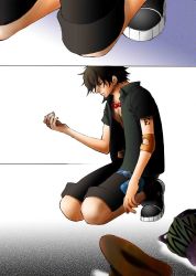 Rule 34 | 1boy, backpack, bag, black hair, death, falling, freckles, hat, jewelry, kara (acluf-0156), kneeling, male focus, muscular, necklace, one piece, pirate, portgas d. ace, randoseru, simple background, solo, tattoo