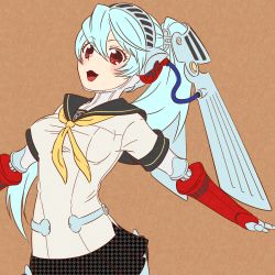 Rule 34 | 1girl, android, atlus, highres, labrys (persona), megami tensei, persona, persona 3, persona 4, persona 4: the ultimate in mayonaka arena, ponytail, red eyes, school uniform, shin megami tensei, skirt