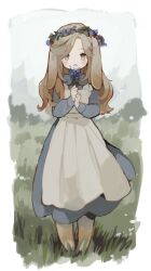 Rule 34 | 1girl, animal ears, apron, blue flower, brown hair, collared dress, commentary request, dress, flower, grass, grey dress, grey eyes, hands up, head wreath, highres, holding, holding flower, light blush, long hair, looking at viewer, open mouth, original, outdoors, own hands together, rabbit ears, rabbit girl, sakutake (ue3sayu), solo, straight-on