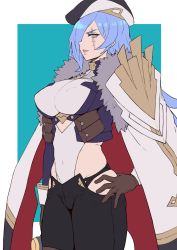 Rule 34 | 1girl, black pants, blue background, blue hair, border, breasts, brown gloves, coat, coat on shoulders, covered erect nipples, covered navel, cowboy shot, flat color, gloves, gomu (chewinggom), green eyes, hair over one eye, hand on own hip, highleg, highleg leotard, highres, large breasts, leotard, long hair, looking at viewer, navel, one eye covered, outside border, pants, parted lips, scar, scar across eye, scar on face, sirene (world flipper), smile, solo, standing, white border, white leotard, world flipper