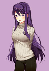 Rule 34 | 1girl, arms behind back, blush, breasts, casual, cowboy shot, doki doki literature club, game cg, grey sweater, hair ornament, hairclip, long hair, medium breasts, miniskirt, official art, open mouth, pants, purple background, purple eyes, purple hair, ribbed sweater, satchely, simple background, skirt, smile, solo, sweater, tachi-e, turtleneck, turtleneck sweater, yuri (doki doki literature club)