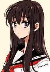 Rule 34 | 1girl, aged down, black hair, black sailor collar, blush, closed mouth, commentary, expressionless, grey background, hair between eyes, himawari-san, himawari-san (character), long hair, long neck, looking at viewer, neckerchief, portrait, purple eyes, red neckerchief, sailor collar, school uniform, serafuku, shirt, signature, simple background, sketch, solo, sugano manami, white shirt