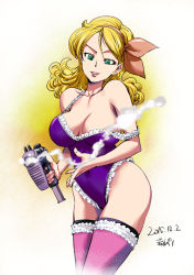 Rule 34 | 1girl, 2015, bad id, bad pixiv id, bare shoulders, blonde hair, breasts, cleavage, covered navel, curvy, dated, dragon ball, finger on trigger, green eyes, hair between eyes, hair ribbon, hairband, hip focus, holding, holding weapon, kon-kit, large breasts, leotard, long hair, looking at viewer, lunch (bad) (dragon ball), lunch (dragon ball), off shoulder, pink thighhighs, red hairband, red ribbon, ribbon, smile, smoke, solo, standing, thighhighs, thighs, weapon