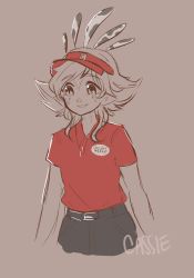 Rule 34 | 1girl, alternate costume, artist name, black pants, cassie (mythivl), character name, flipped hair, grey background, hair ornament, highres, league of legends, neeko (league of legends), pants, red shirt, shirt, shirt tucked in, short sleeves, simple background, smile, solo
