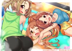 Rule 34 | 3girls, absurdres, blonde hair, breasts, brown hair, check commentary, cleavage, collarbone, commentary request, dripping, exercising, floor, from above, highres, idolmaster, idolmaster cinderella girls, indoors, kurushima gire, large breasts, looking at viewer, looking back, manabe itsuki, mat, multiple girls, on floor, one eye closed, open mouth, parted bangs, pink eyes, ponytail, red eyes, saito yoko, shorts, sleeveless, smile, stain, steam, stretching, sweat, sweaty clothes, tank top, wakabayashi tomoka, wet, wet hair, yellow eyes, yoga mat