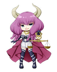 Rule 34 | 1girl, :d, aura (sousou no frieren), balance scale, black footwear, black gloves, blue eyes, boots, braid, bustier, chibi, clothing cutout, demon horns, elbow gloves, full body, gloves, holding, horns, kuena, long hair, looking at viewer, navel, navel cutout, open mouth, pleated skirt, purple hair, simple background, skirt, smile, solo, sousou no frieren, standing, thigh boots, very long hair, weighing scale, white background, white skirt