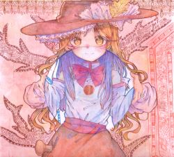 Rule 34 | 2girls, abstract background, bare shoulders, blonde hair, blush, bow, bowtie, brown headwear, brown skirt, closed mouth, commentary request, cowboy shot, detached sleeves, frilled hairband, frills, hairband, hat, hat feather, highres, jacket girl (dipp), japanese clothes, label girl (dipp), long hair, long sleeves, mandarin collar, miko, multiple girls, outstretched arms, red bow, red bowtie, red skirt, round window, shirt, skirt, stake, touhou, traditional media, very long hair, vest, wadante, white shirt, white vest, wide sleeves, window, yellow eyes