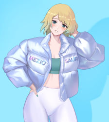Rule 34 | 1girl, alternate costume, artist name, blonde hair, blue background, blue eyes, blue hair, blush, commentary, contemporary, english commentary, fingernails, fire emblem, fire emblem heroes, fjorm (fire emblem), gradient hair, green nails, green tank top, hand on own hip, jacket, looking at viewer, meziosaur, midriff, multicolored hair, nail polish, nintendo, open clothes, open jacket, pants, shadow, short hair, simple background, solo, tank top, white pants, yoga pants