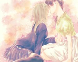 Rule 34 | age difference, blonde hair, brown hair, earrings, frrntn, green shirt, holding another&#039;s arm, imminent kiss, jewelry, kiss, original, over-kneehighs, pleated skirt, profile, shirt, sitting, skirt, teacher and student, thighhighs, wariza, white skirt, yuri
