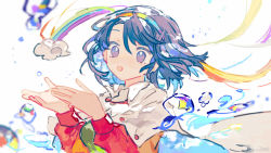 Rule 34 | 1girl, blue eyes, blue hair, cloak, dress, hairband, highres, kyuutame, long sleeves, multicolored clothes, multicolored dress, multicolored hairband, open mouth, rainbow gradient, short hair, simple background, sky print, smile, solo, symbol-only commentary, tenkyuu chimata, touhou, upper body, water drop, white background, white cloak
